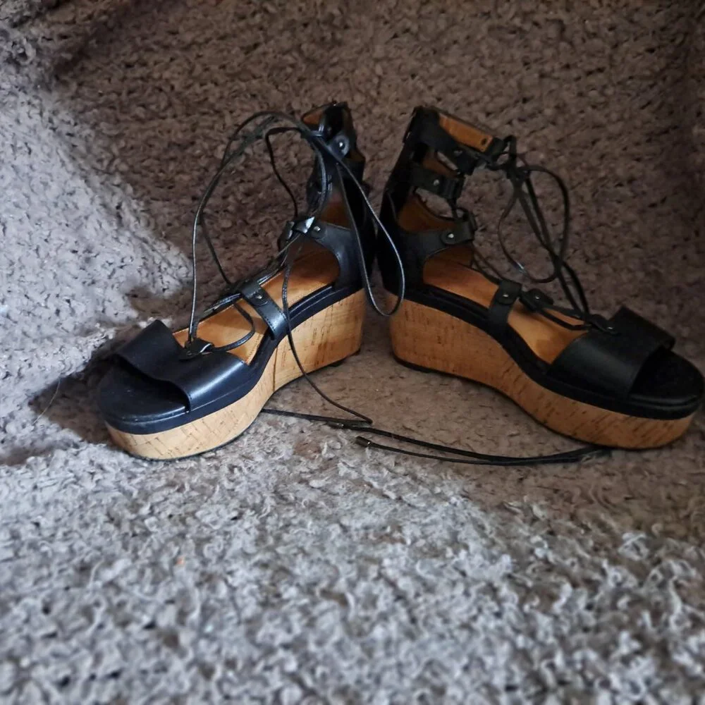 COACH-Barkley-Black Semi Matte Calf Leather Sandals-Lace Up/Back Zip-Sz 8-EX